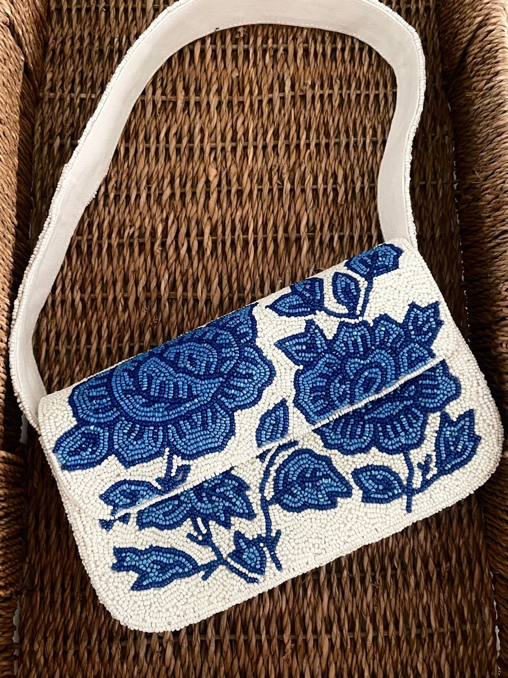 White Beaded Shoulder Bag with Blue Floral Design